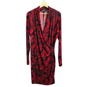 Norma Kamali Faux Wrap Knee Length Long Sleeve Dress Red Black XL Stretch Career